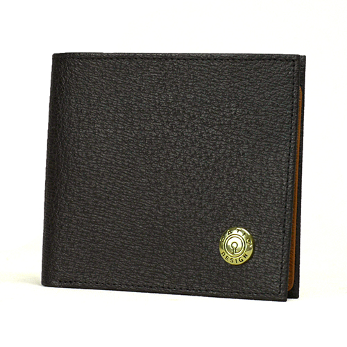 牛革　豚革型押し　かぶせ　カワノオリジナル　2つ折り財布　ブラック x ブラウン　