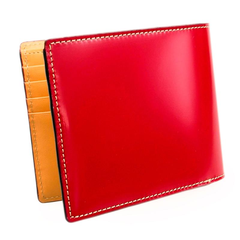 二つ折り財布 (小銭入れ無し) 薄型 本革 |  コードバン CORDOVAN KW-112 RED　レッド