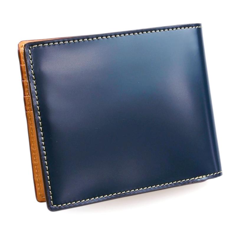 二つ折り財布 (小銭入れ無し) 薄型 本革 |  コードバン CORDOVAN KW-112　BLUE ブルー