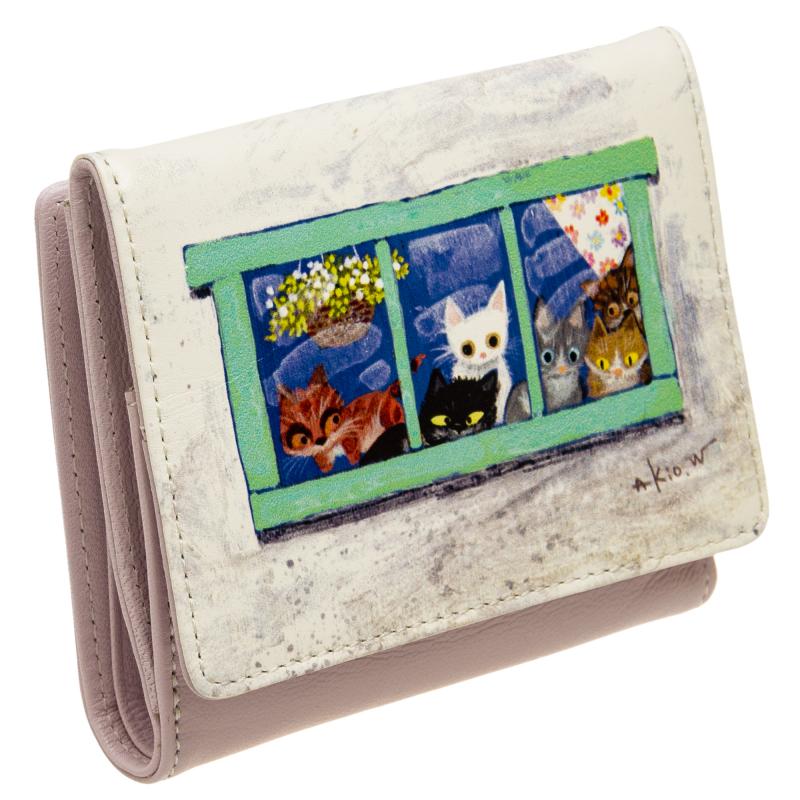 二つ折り財布 本革 牛革 BOX型 小銭入れ付き 札入れ 猫チャーム付き 渡辺あきお 猫イラスト WA-006 パープル