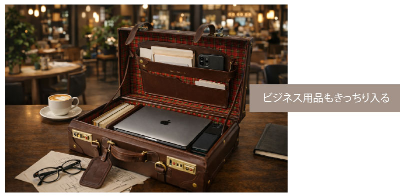 ヌメ革トランクケースにビジネス用品もきちっと入る