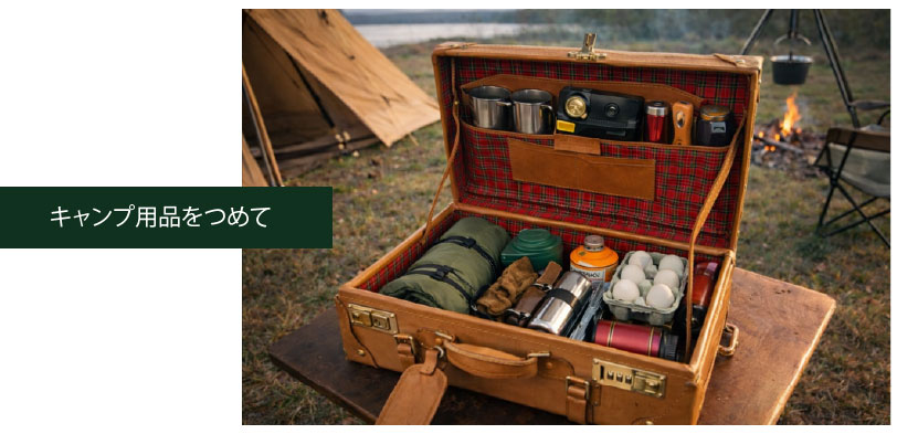ヌメ革トランクケースにキャンプ用品をつめて